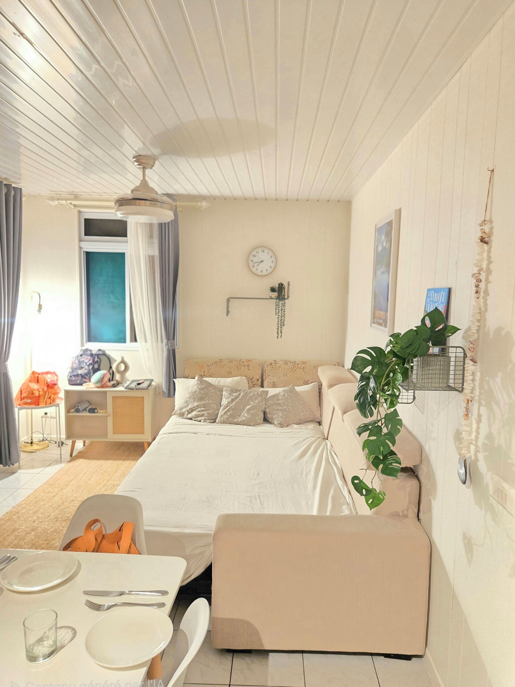 Een slaapkamer met een bed, nachtkastje, hangplant, wandklok en een raam met gordijnen.