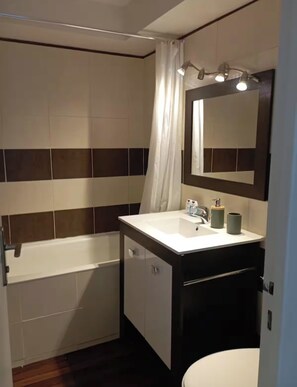 Hair dryer, towels, soap, toilet paper