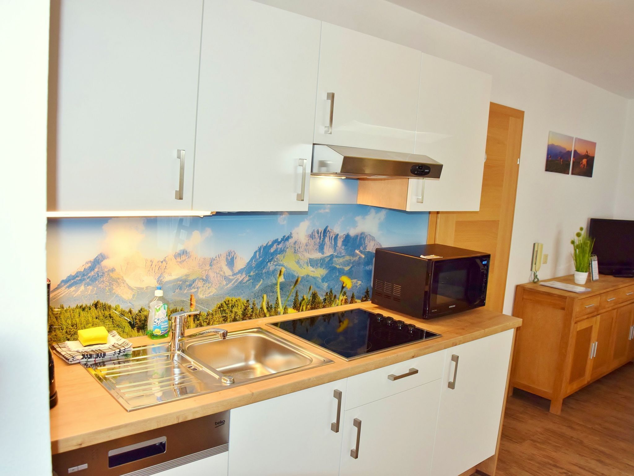 Refrigerador, microondas, lavavajillas y utensilios de cocina 
