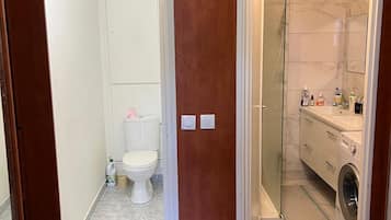 Hair dryer, towels, soap, toilet paper