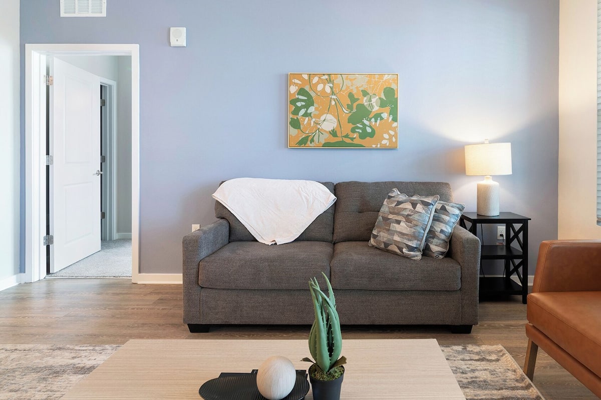 A living room with a grey sofa, a brown armchair, a cactus, and a lamp on a side table.