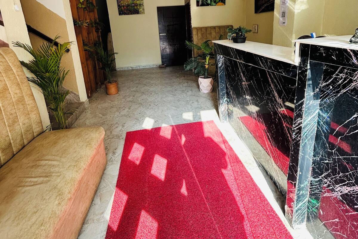 A hotel lobby with a reception desk, a red carpet, a sofa, and potted plants.