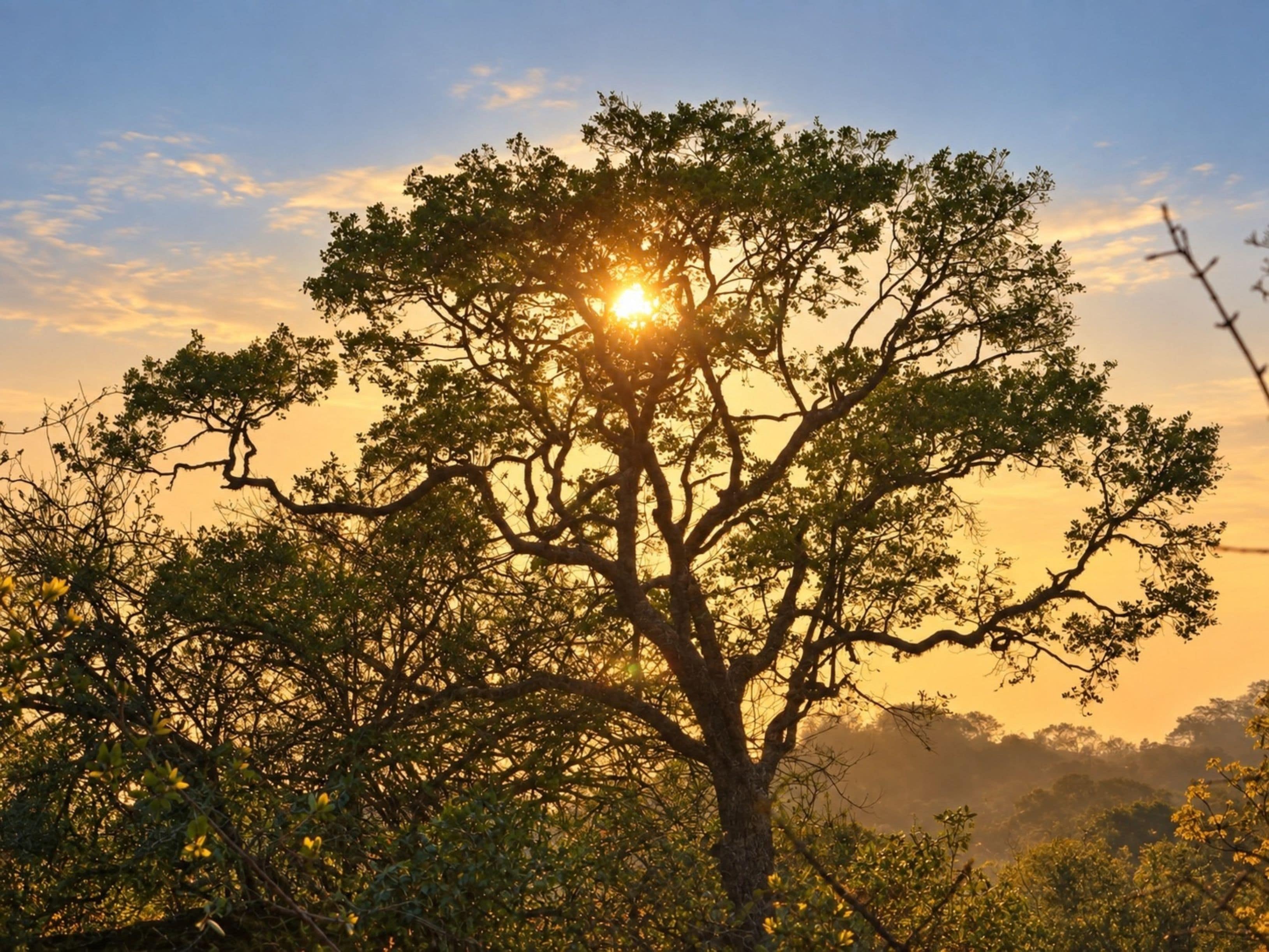 A tree with a clear sky in the background.