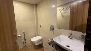 Douche, serviettes fournies, savon, shampoing