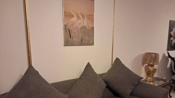 Un salon moderne avec un canapé gris, un tableau représentant des flamants roses et une lampe décorative.