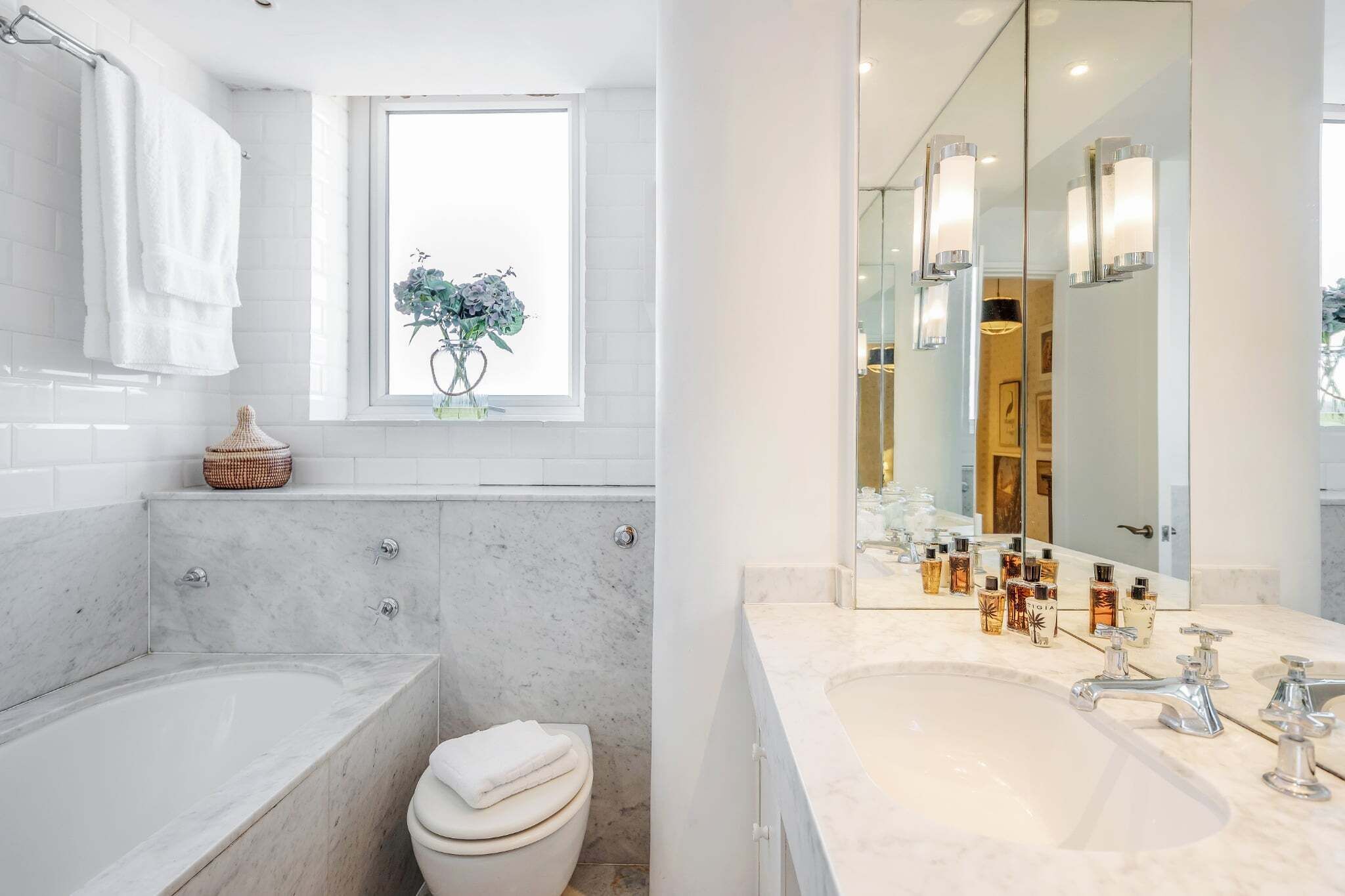 Hair dryer, towels, soap, toilet paper