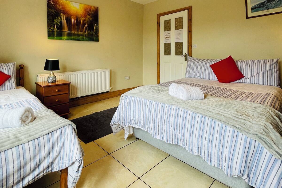 A hotel room with two beds, a painting, a radiator, a door, and a window.