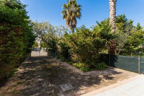 A paved pathway leading to a gate, surrounded by dense greenery and a tall palm tree. - Casa Amanda in Torre dell'Orso with Private Garden, Wi-Fi, and Air Conditioning (Torre dell'Orso)