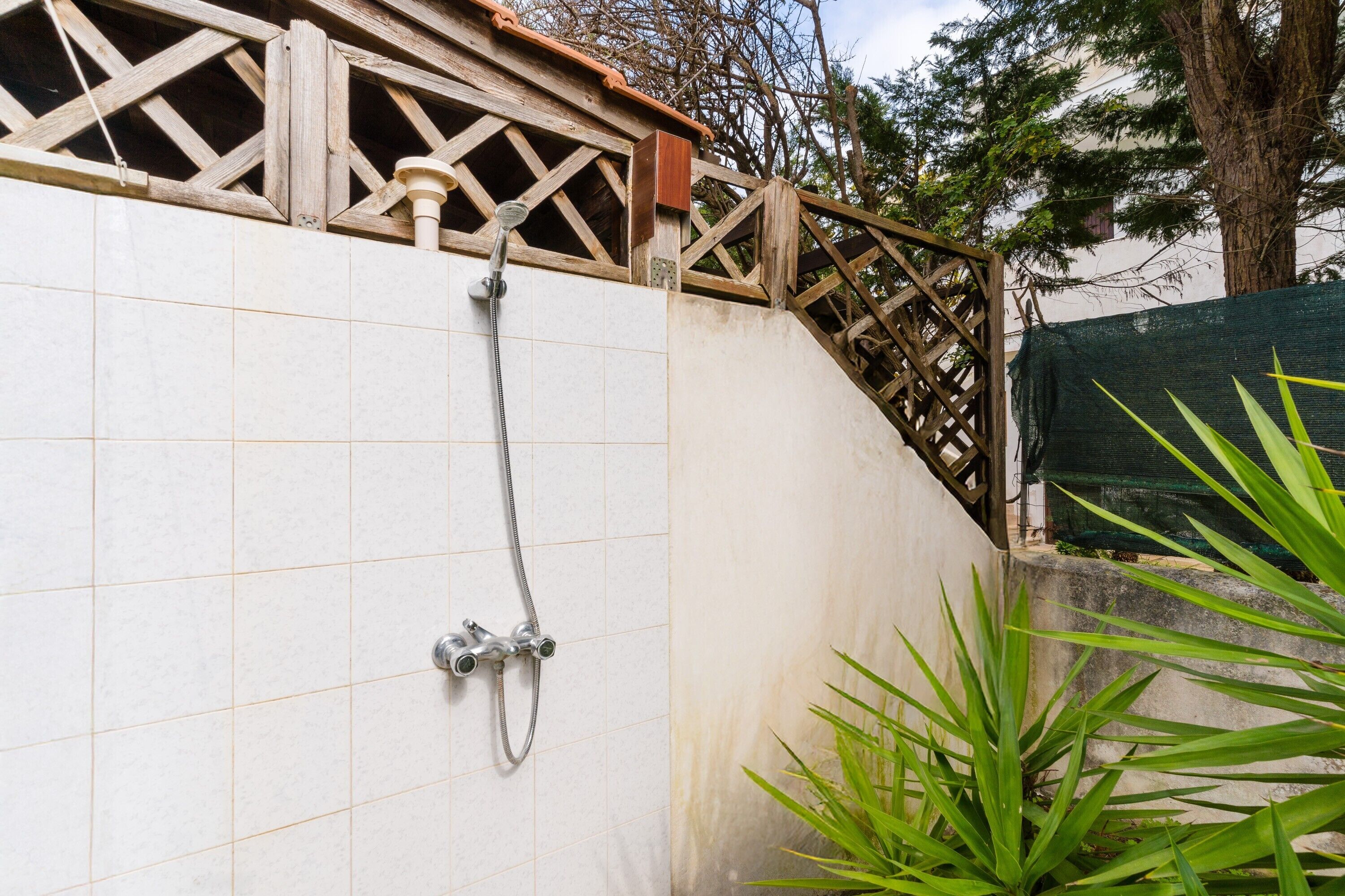A tiled wall with a showerhead, a wooden fence, and a tree in the background.