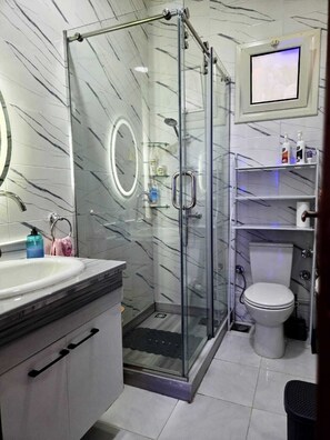 Regadera, secadora de cabello, bidet, toallas 
