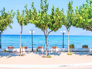 Una passeggiata lungomare con alberi, panchine e lampioni.
