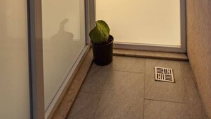 Een balkon met een bloempot, uitzicht op de stad en een heldere lucht.