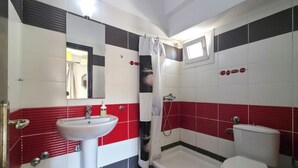 A bathroom with a white sink, a toilet, and a shower.
