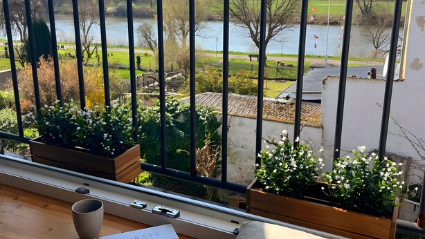 Un balcone con vista su un lago, fioriere in legno con fiori, un cuscino e una rivista.