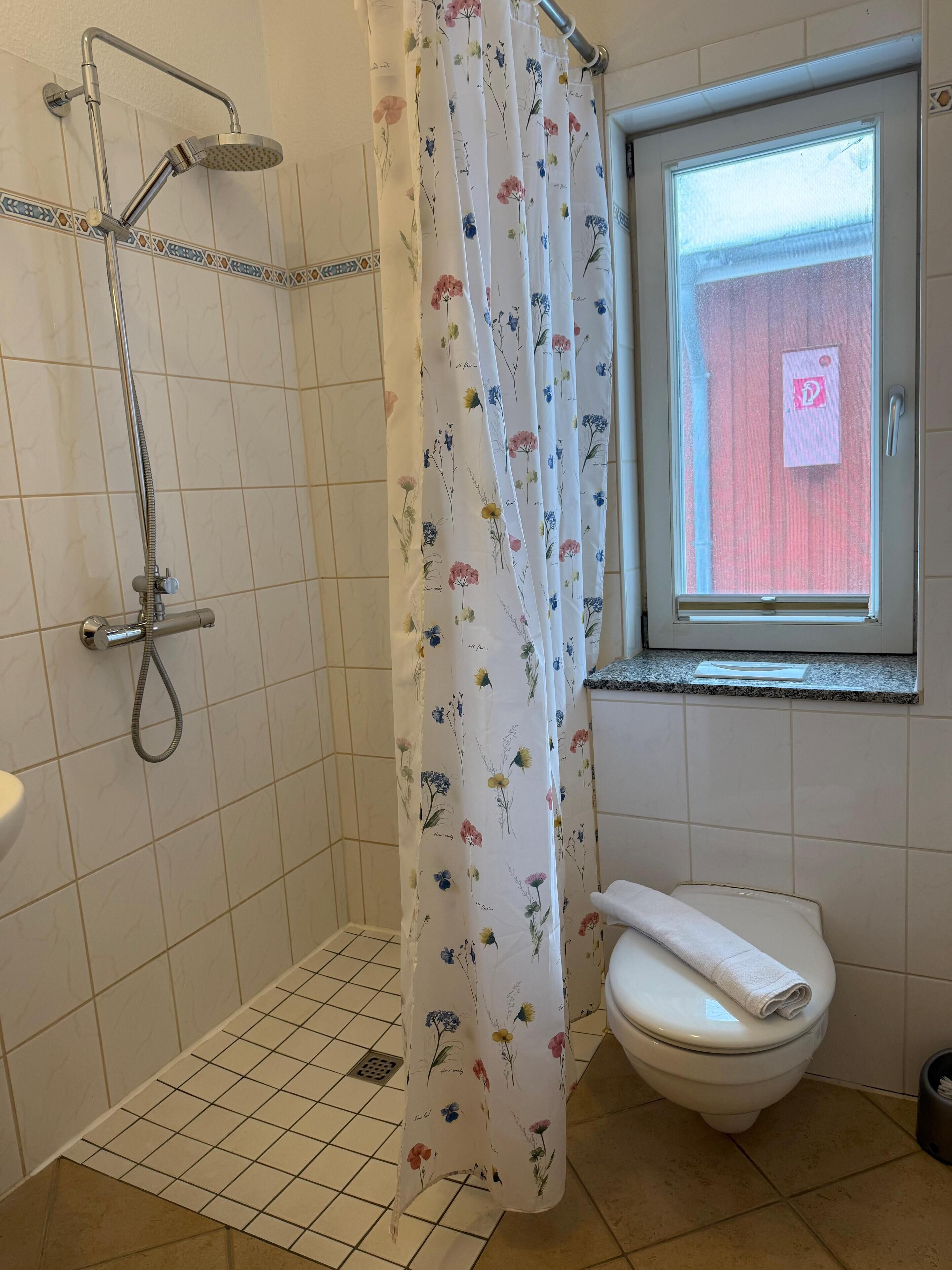 A bathroom with a shower, toilet, and a window with a view.