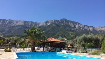 Une piscine avec une vue sur les montagnes, entourée de palmiers et bordée d’un petit bâtiment doté d’un toit rouge.