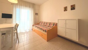 Um quarto pequeno e bem iluminado com um sofá, uma mesa de jantar com cadeiras, uma TV e um armário.