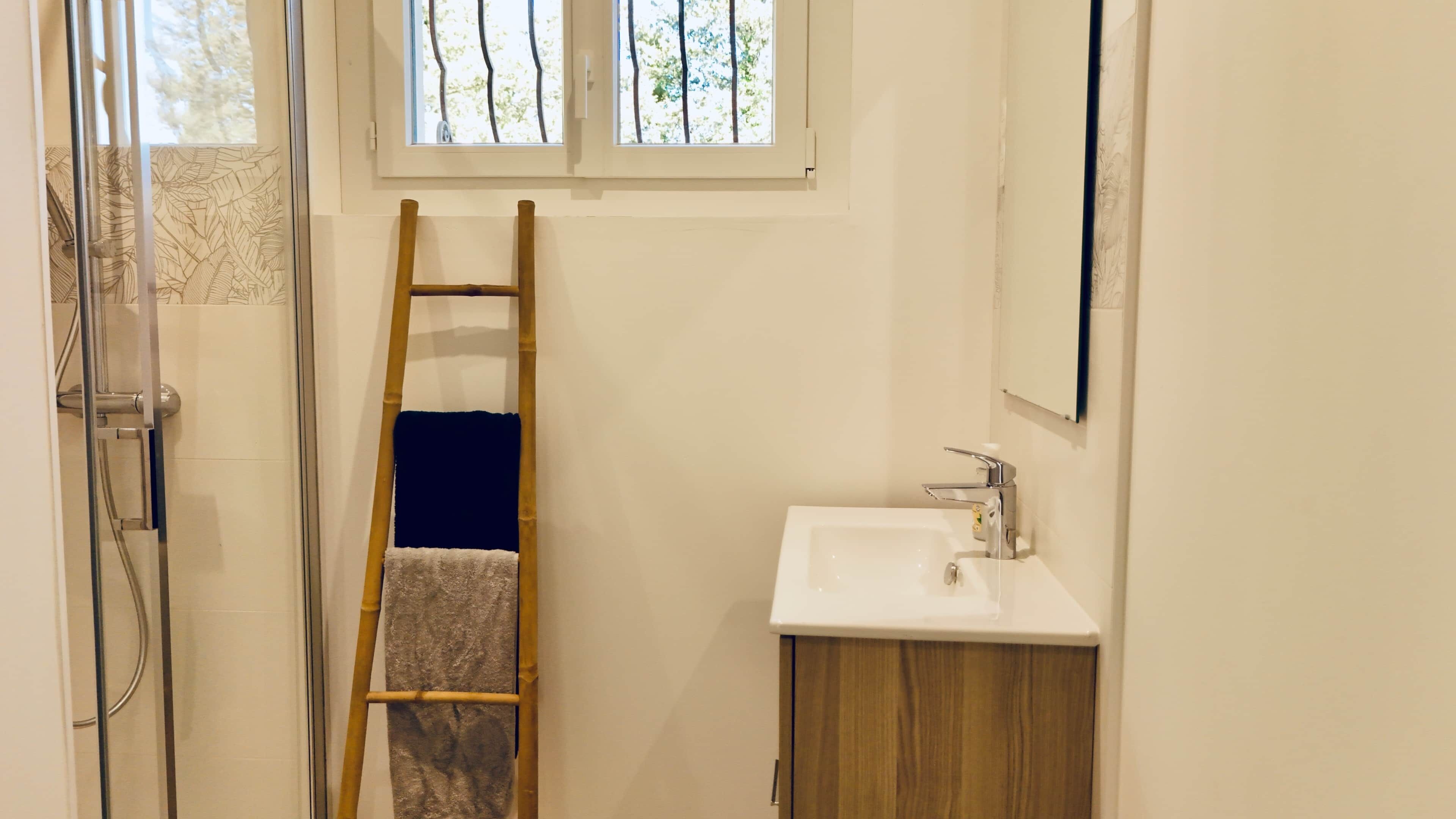 A bathroom with a shower, a sink, a wooden ladder, and a window.