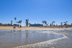 Ein Strand mit Palmen, ein mehrstöckiges Gebäude und Personen, die spazieren gehen.