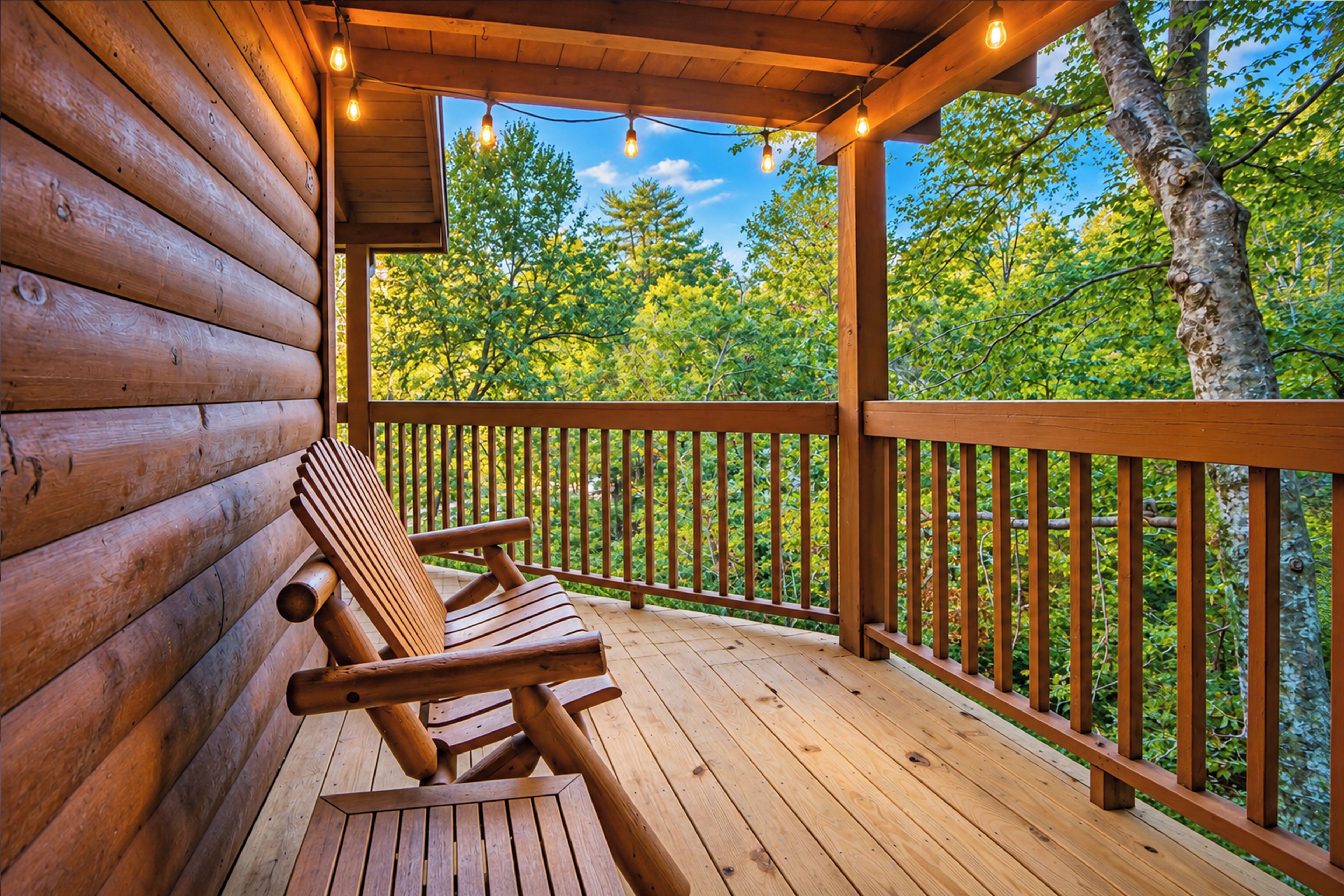 A wooden deck with a wooden chair and a table, surrounded by a wooden railing, overlooking a forested area.