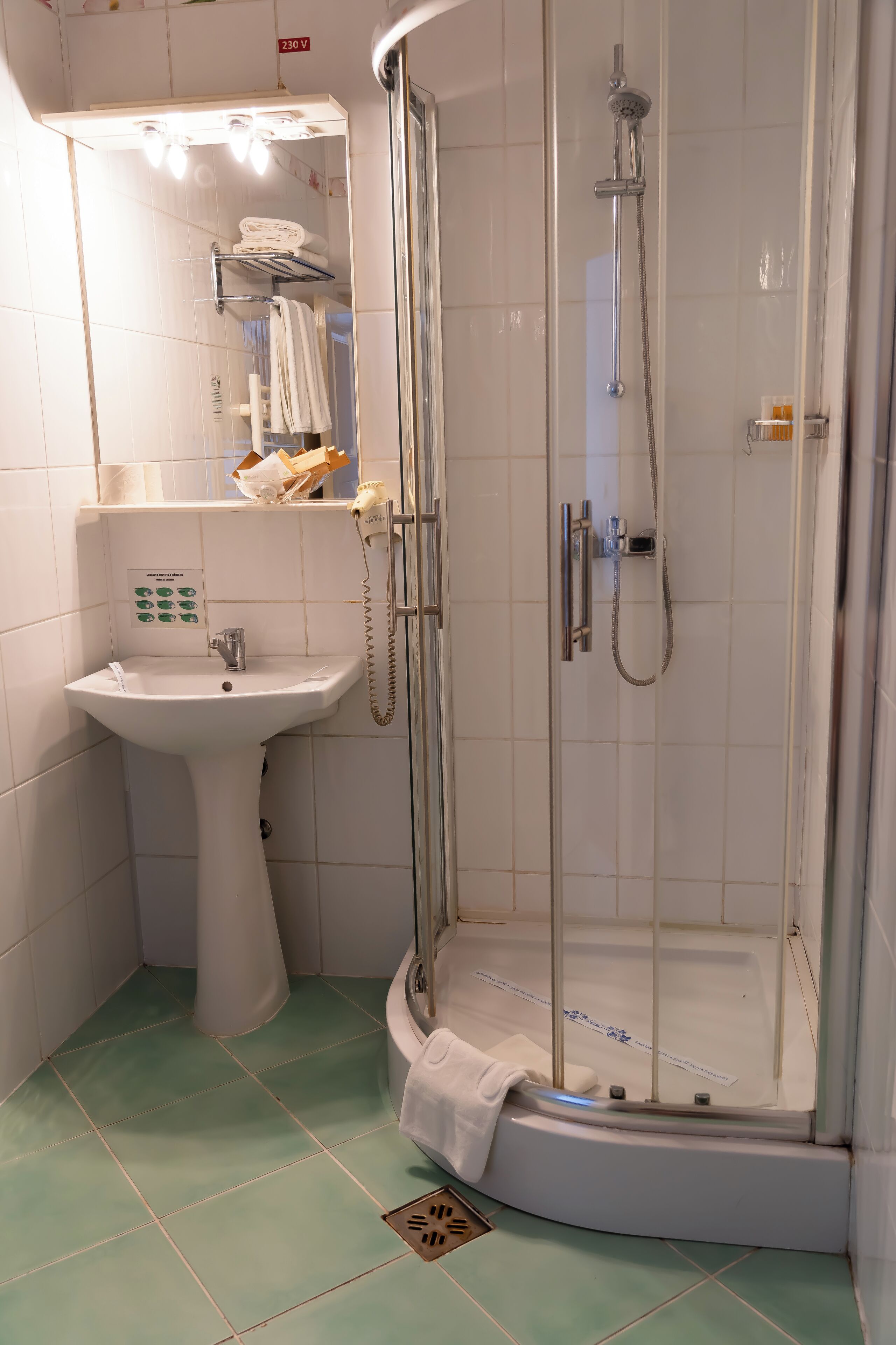 A bathroom with a glass-enclosed shower, a pedestal sink, and a mirror above the sink.