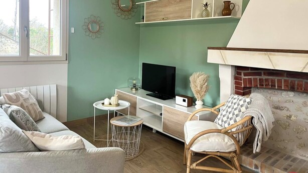 A living room with a sofa, a TV, a fireplace, and decorative items on shelves. - La Maison Agoméa (Saint-Georges-sur-Cher)