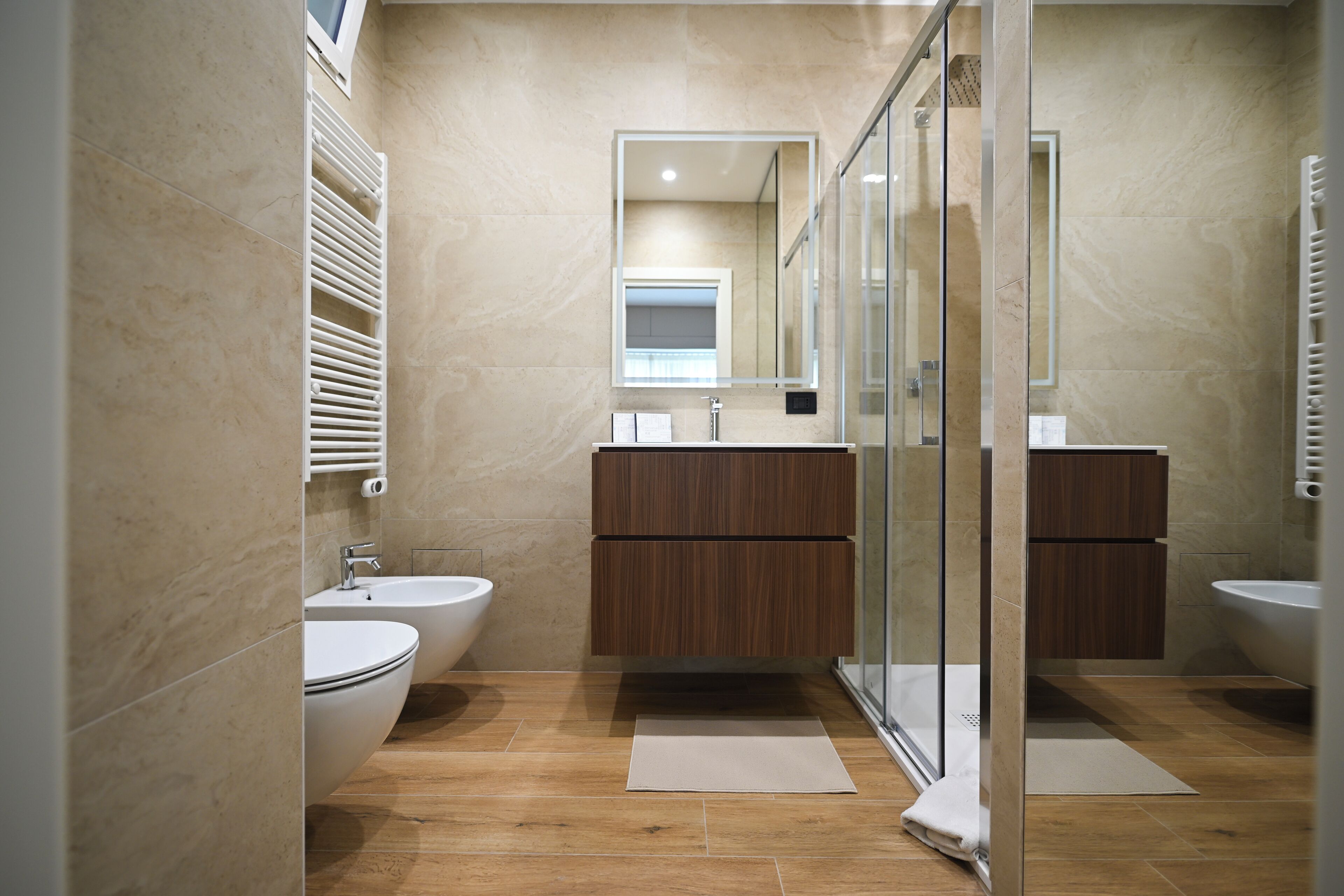 Shower, hair dryer, bidet, towels