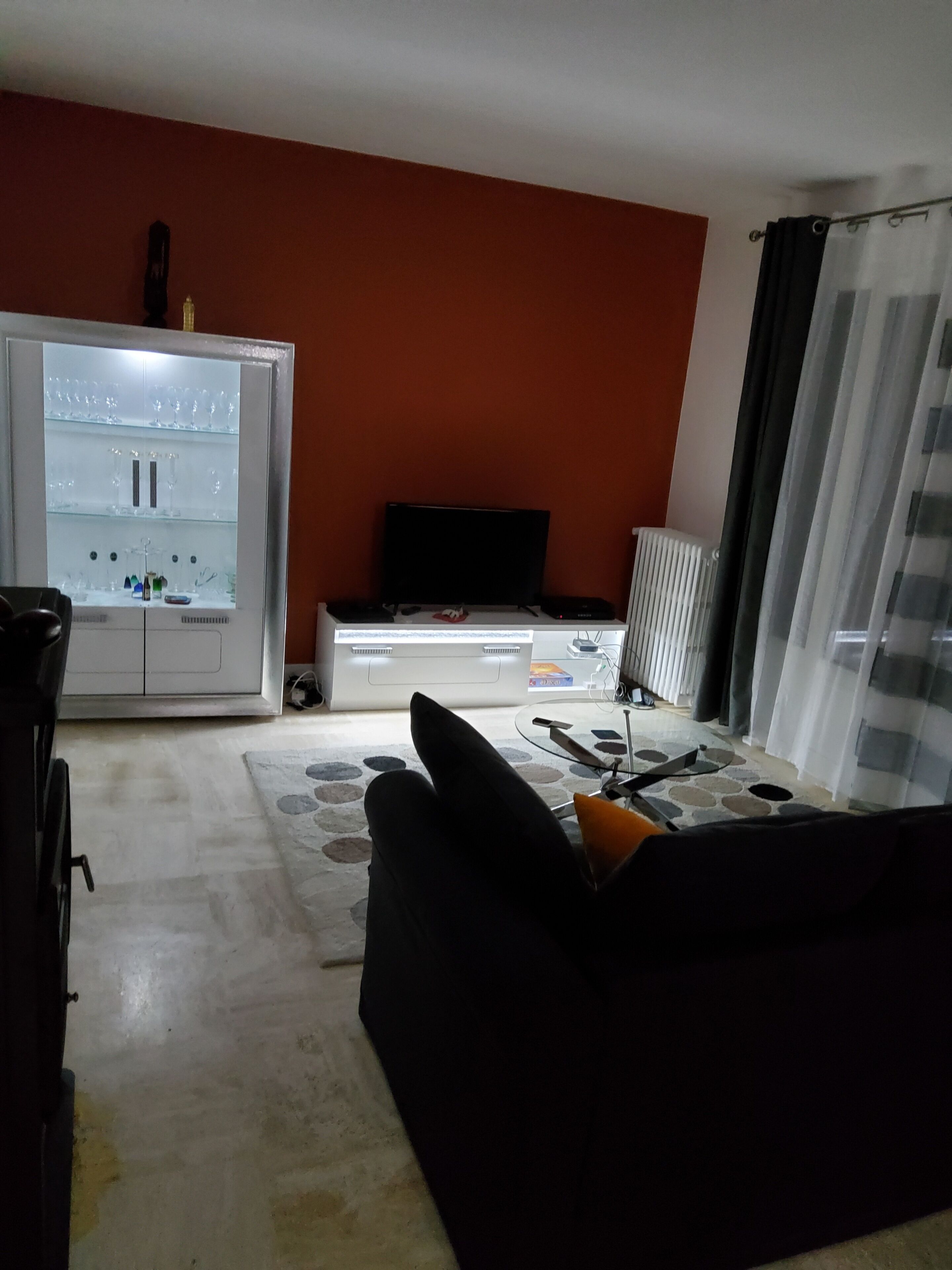 Un saló amb un sofà, un moble amb vetreria, una televisió i un radiador.