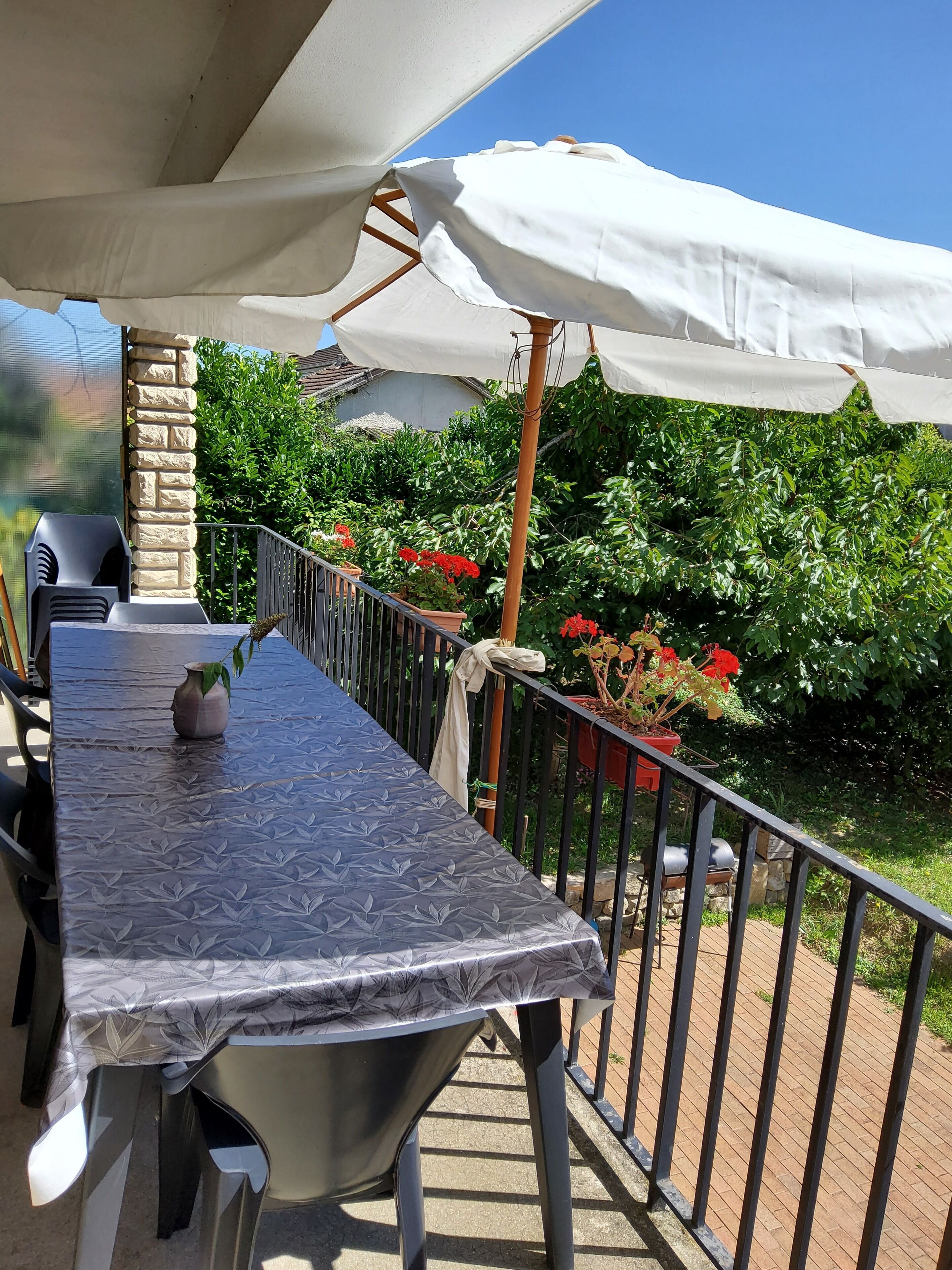 An outdoor patio with a covered table, chairs, and potted plants.