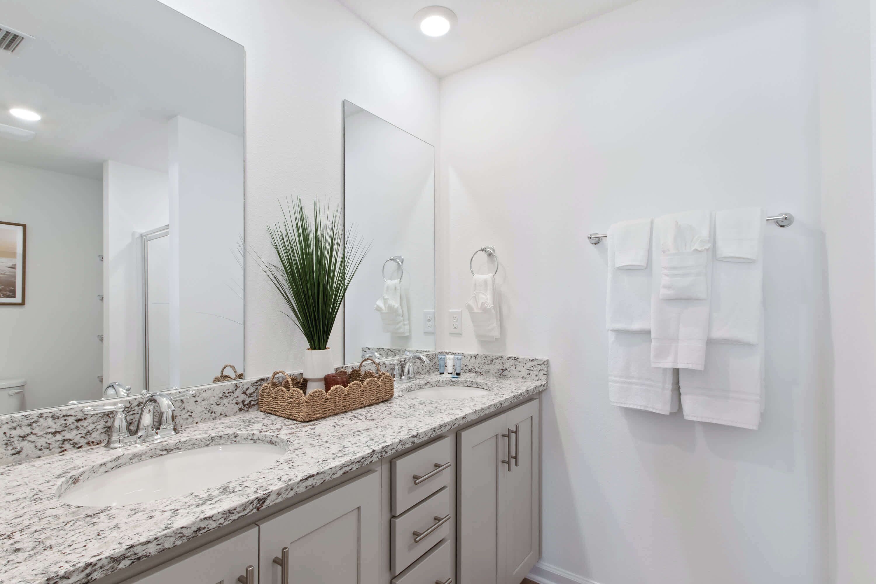 A bathroom with two sinks, a large mirror, and a towel rack.