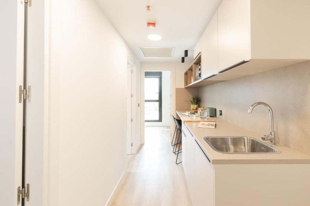 A narrow, well-lit kitchen with a sink, countertop, and cabinets.