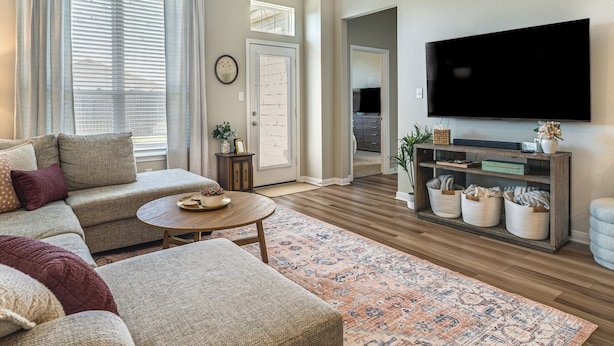 A living room with a sofa, coffee table, and TV. There is a wooden floor, a patterned rug, and a bookshelf with decorative items.