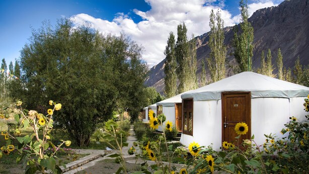 A white yurt with a wooden door, surrounded by sunflowers and trees, with mountains in the background. - Semba Retreat (Hunder)