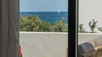 Vista al mar desde un balcón con un velero, vegetación y una pared blanca.