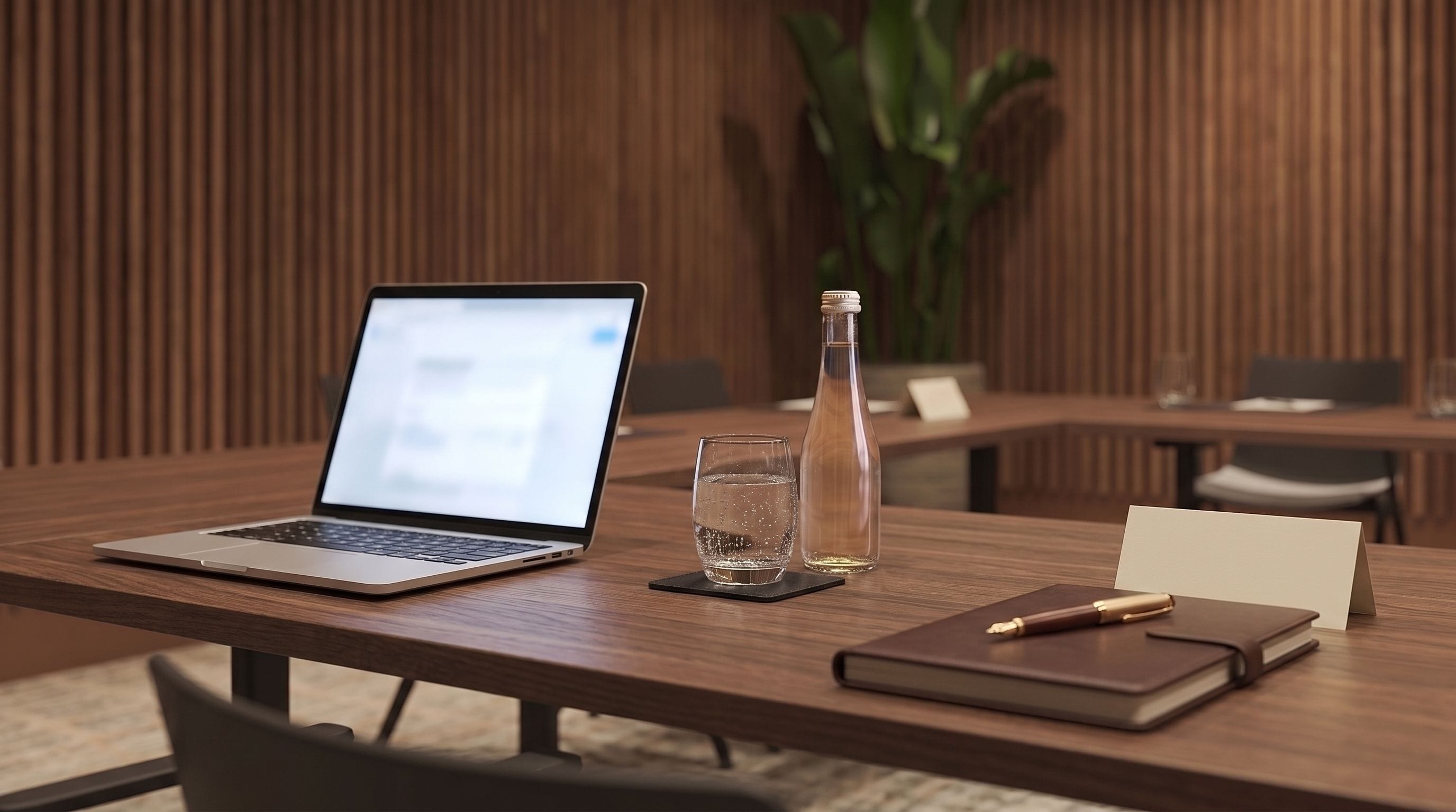 Una sala de conferencias con una computadora portátil, un vaso de agua, una botella y un cuaderno sobre la mesa.