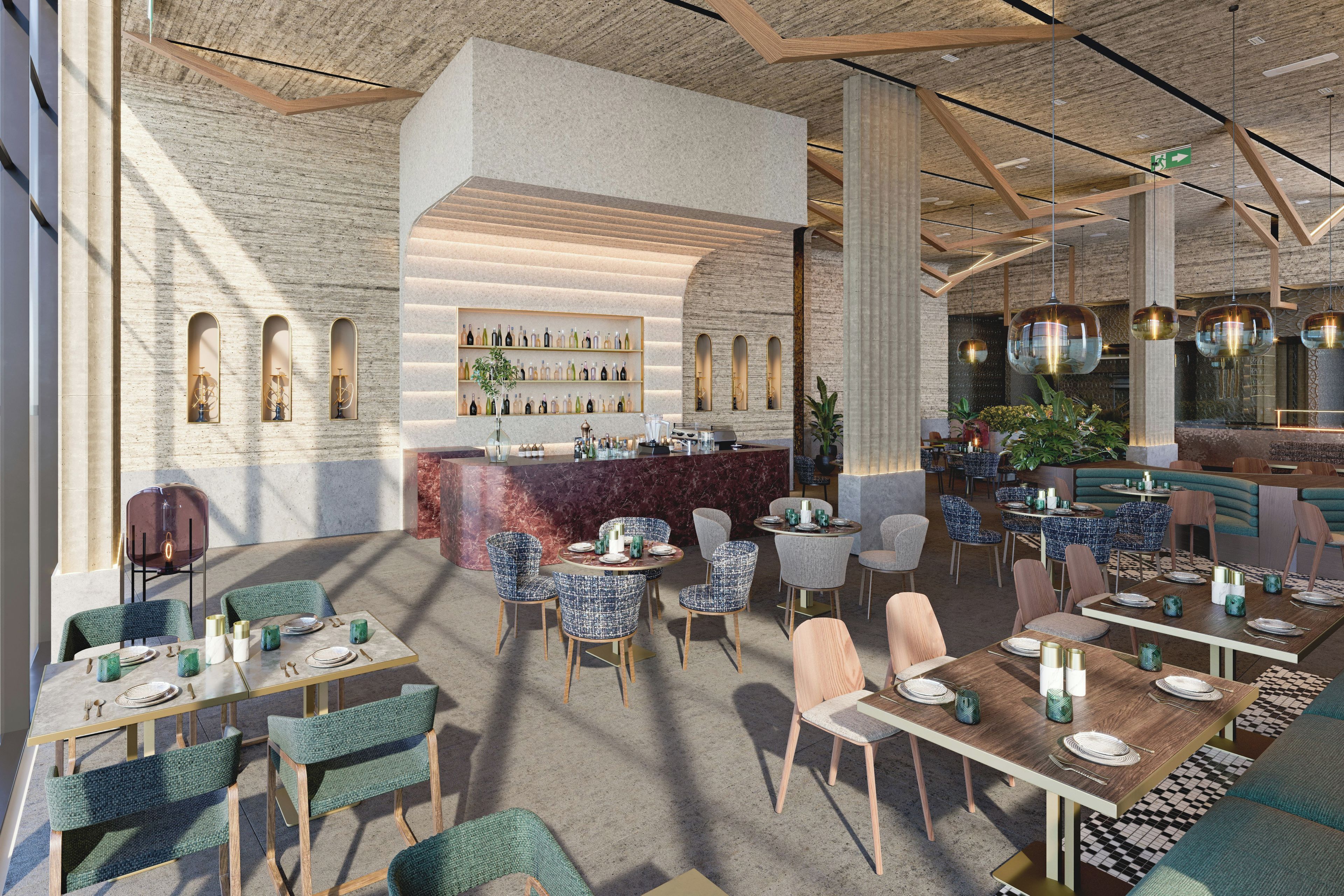Ein modernes Restaurant mit hohen Decken, freiliegenden Balken und verschiedenen Sitzmöglichkeiten, darunter Tische und Stühle.