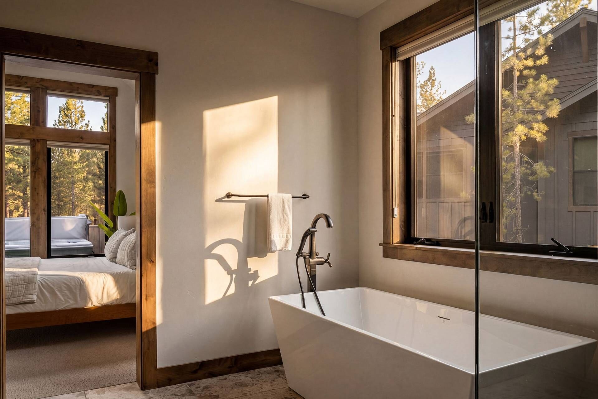 A modern bathroom with a freestanding bathtub, a towel rack, and a window with a view of trees.