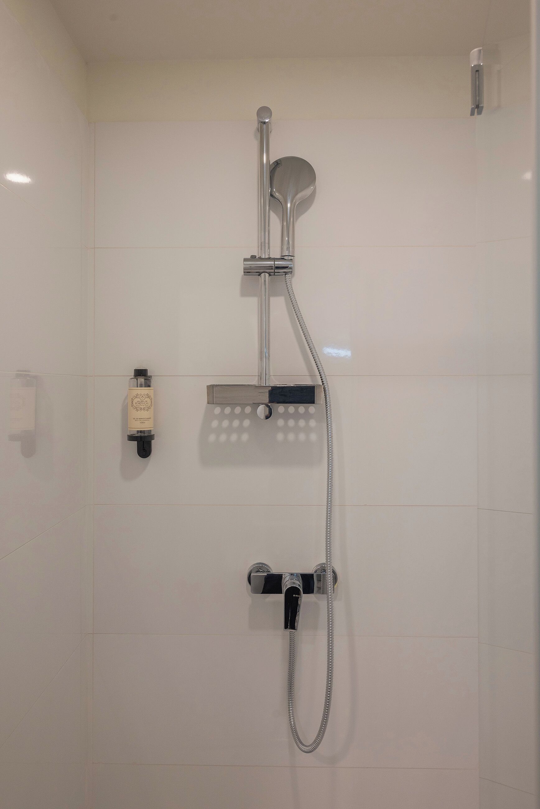 A shower with a handheld showerhead, a wall-mounted control panel, and a handheld shower hose.
