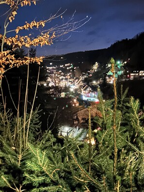 A nighttime view of a town with illuminated buildings and a mountainous backdrop. - Newly furnished vacation apartment Bergwerk (Marienberg)