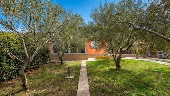 A courtyard with trees, a pathway, and a building with a brick wall and orange facade.