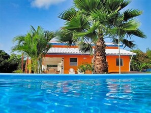 Vista a la piscina de una casa con una piscina azul cristalina, rodeada de palmeras y un exterior de color naranja brillante.