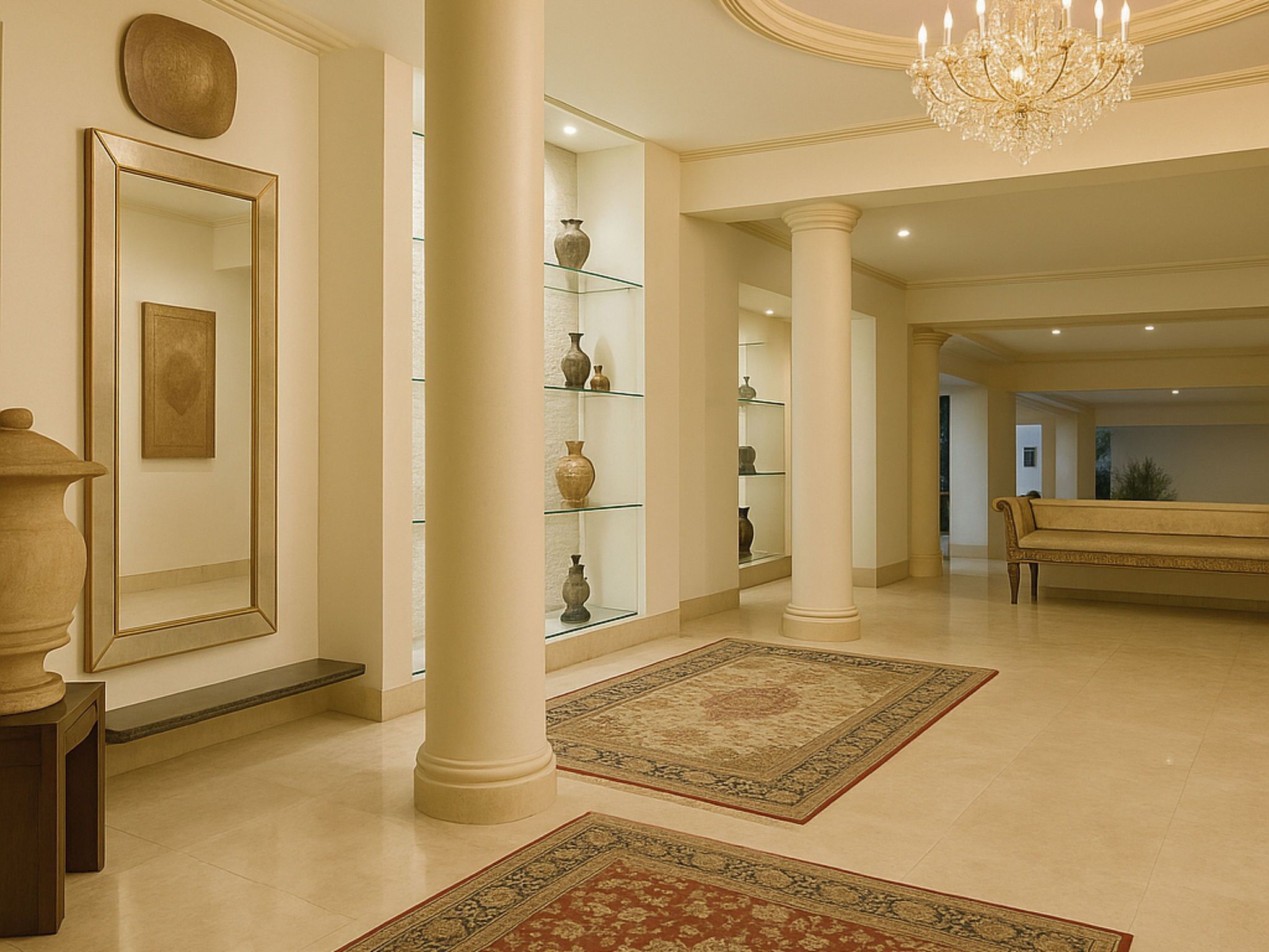 Un hall d’entrée spacieux, agrémenté d’un imposant lustre, d’un grand miroir et d’une collection de vases exposés sur des étagères.