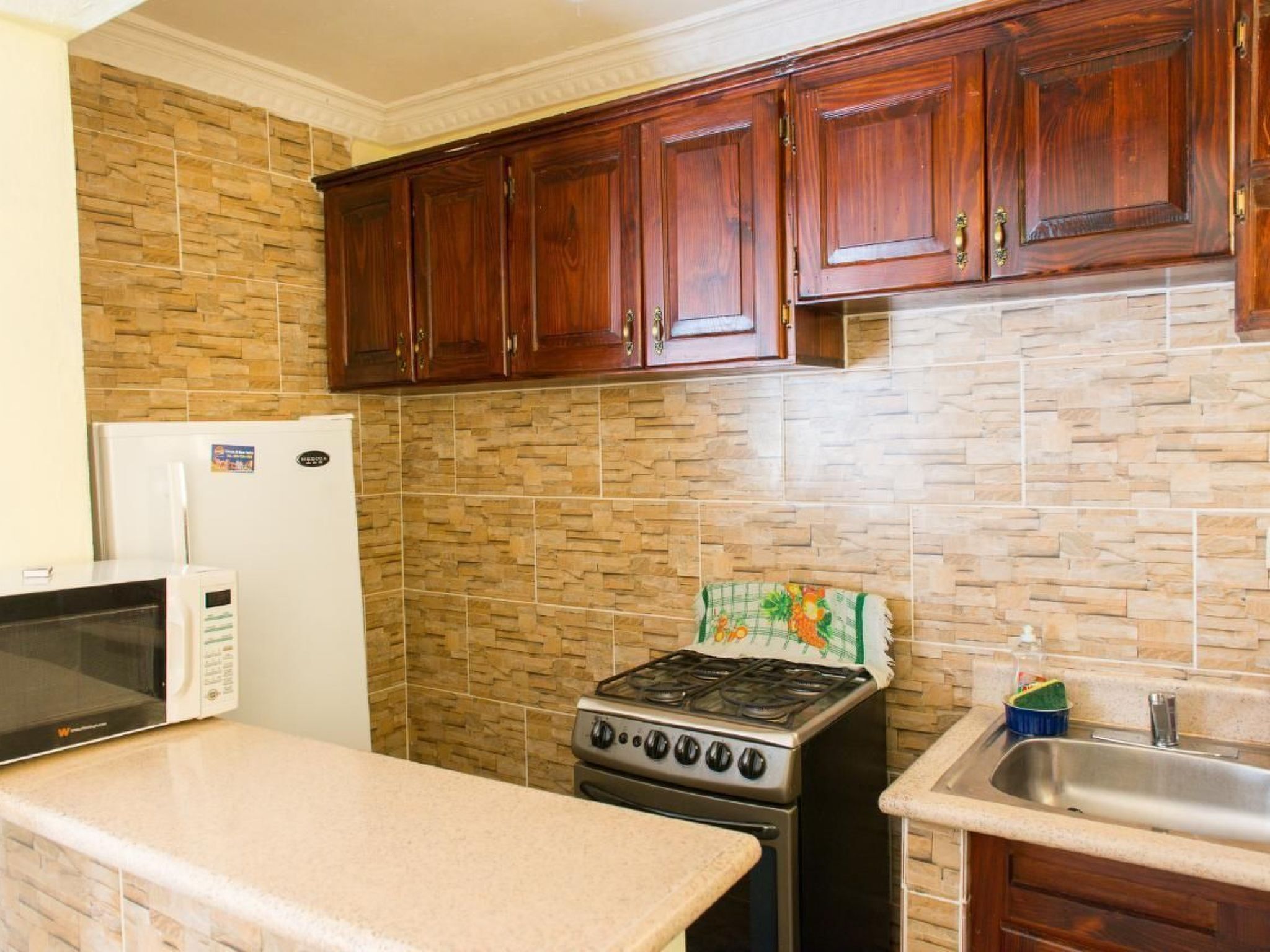 Fridge, microwave, oven, cookware/dishes/utensils