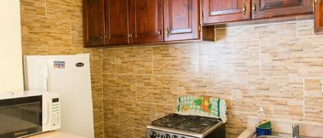 Fridge, microwave, oven, cookware/dishes/utensils