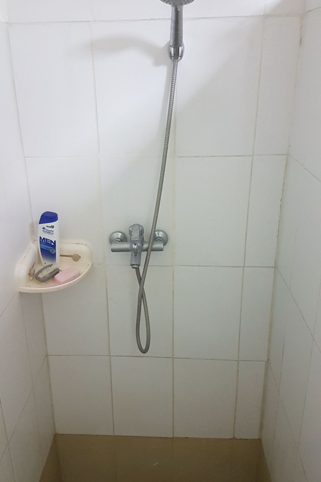 Ein kleiner, gefliester Duschbereich mit Handbrause und einer Seifenspender auf einem Regal.