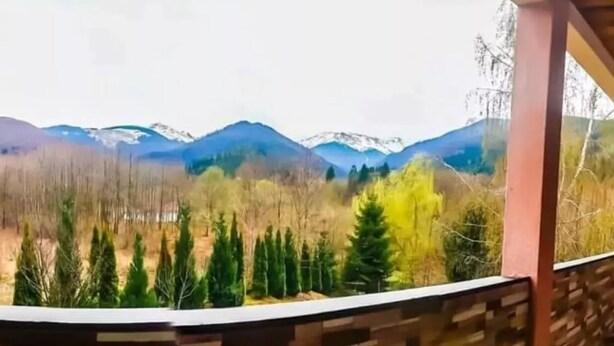 Vista desde un balcón con pared de madera, con paisaje montañoso, árboles y cielo despejado.