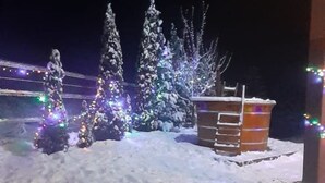 Un espacio exterior nevado con una cabaña de madera y árboles de Navidad decorados con luces.