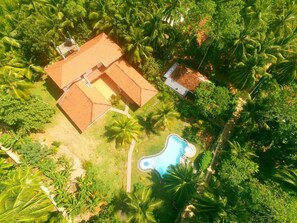 Vue aérienne d’une propriété dotée d’une piscine, entourée d’une végétation luxuriante et de palmiers.