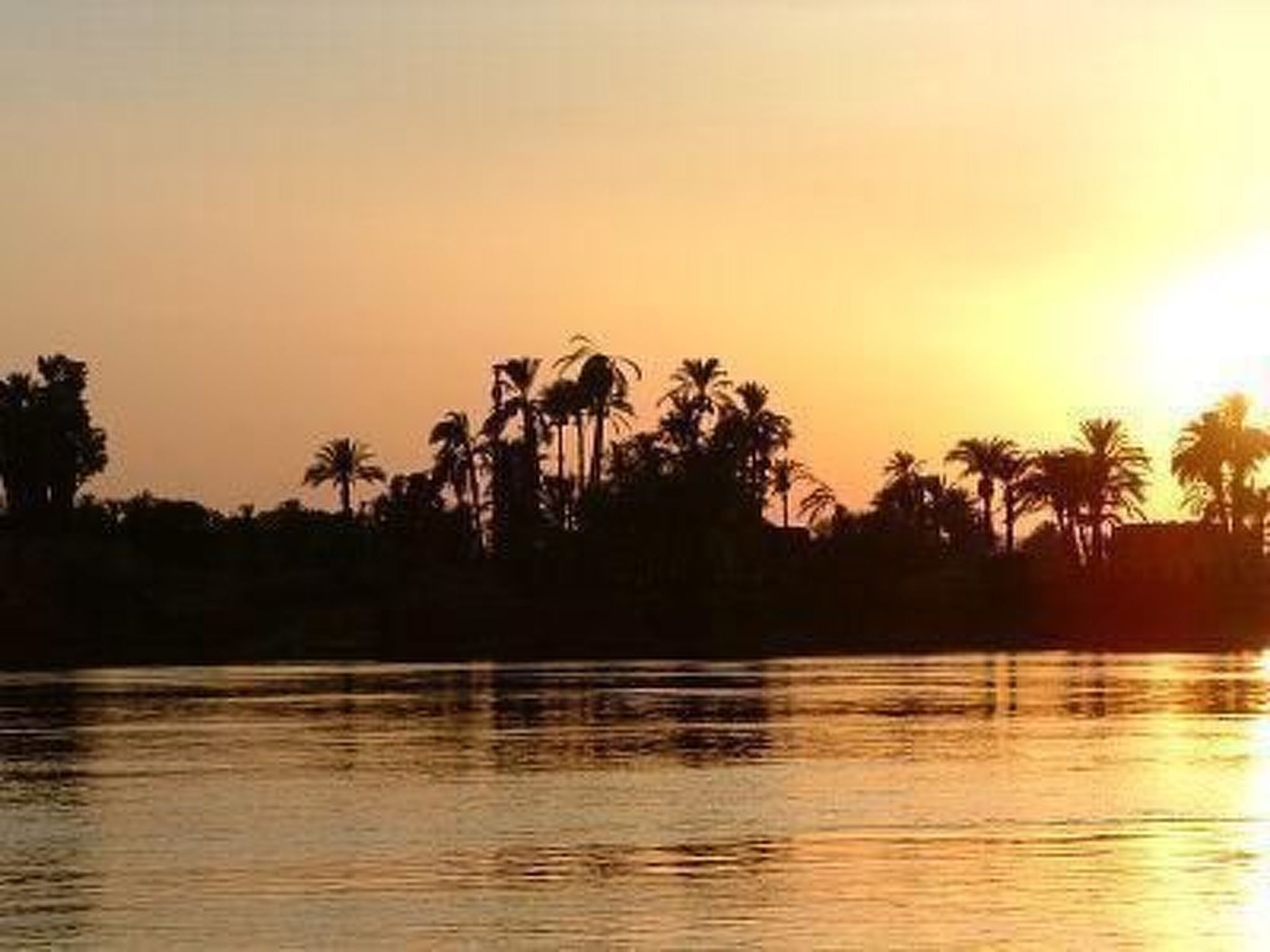Zonsondergang boven het water, met silhouetten van palmbomen.