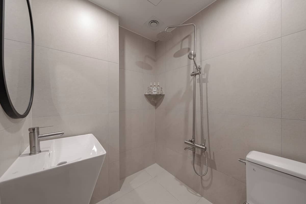 Habitación económica con 2 camas individuales | Baño | Regadera, secadora de cabello, toallas, jabón